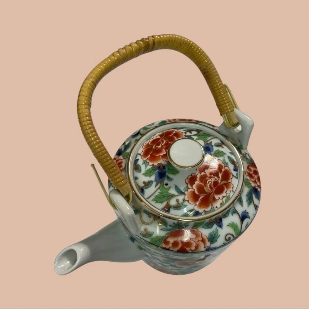 Vintage Takahashi Style Japanese Porcelain Teapot Bamboo Handle Peony Sakura